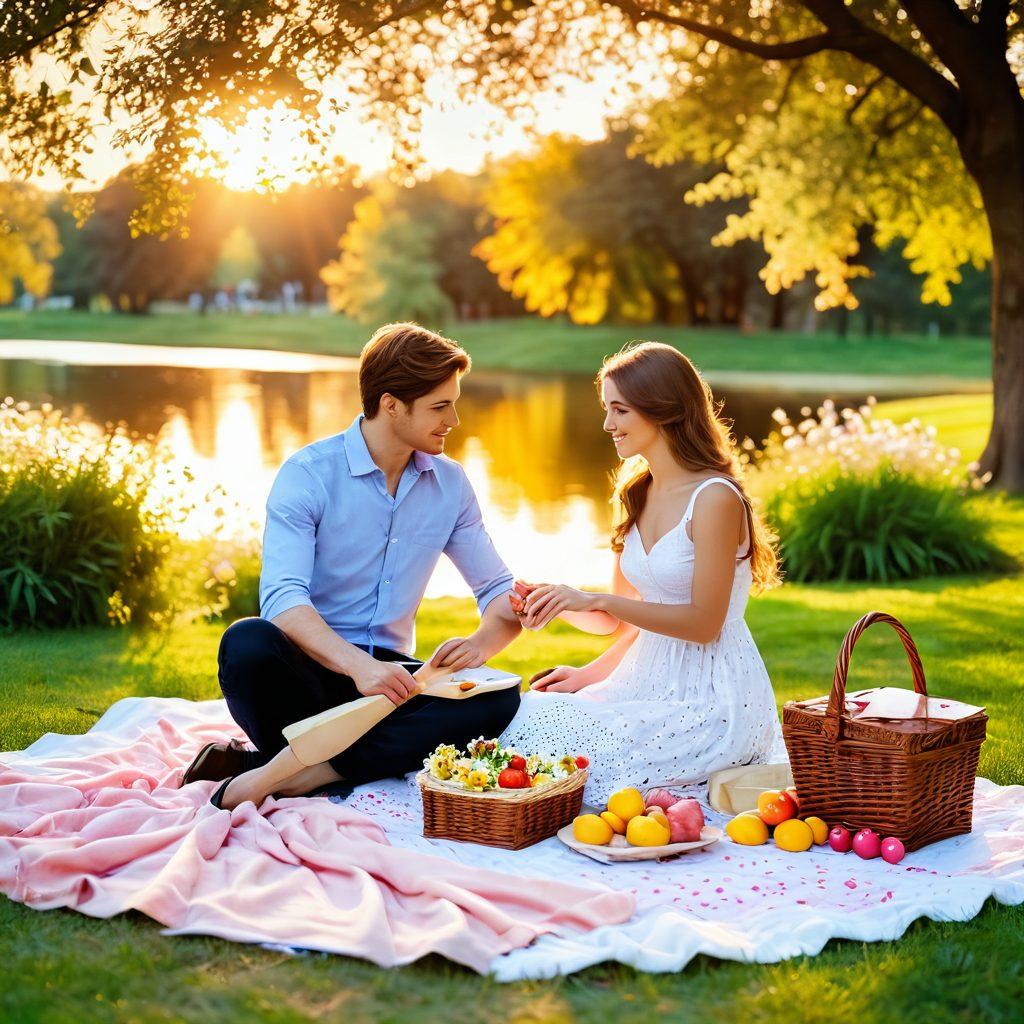 A warm, inviting scene depicting a couple on a romantic picnic in a sunlit park, surrounded by blooming flowers, symbolizing the transition from dating to commitment. Include playful elements like hearts subtly integrated into the picnic setup, and a beautiful sunset in the background to evoke deep emotion. Illustrate a sense of connection and warmth between the couple. vibrant colors. soft focus.