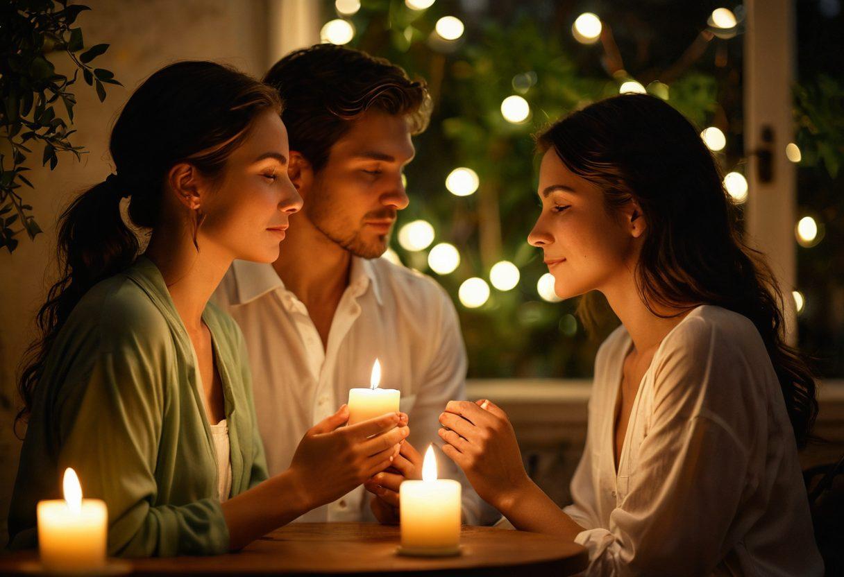 A warm, intimate scene of a couple sharing a heartfelt conversation, surrounded by soft candlelight reflecting on their faces. Include elements of nature like flowers and greenery to symbolize growth and connection. Visual metaphors like intertwined hands and a heart-shaped aura surrounding them to signify passion and compassion. soft focus. romantic colors. warm tones.
