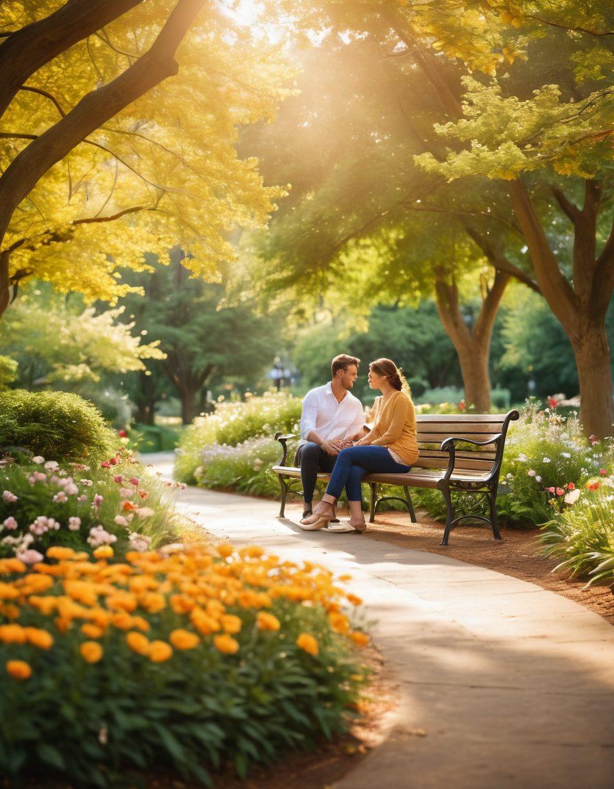 A serene couple sitting on a park bench, sharing a warm laugh while surrounded by blooming flowers. Soft sunlight filters through the trees, creating a golden hue around them, symbolizing love and connection. In the background, a winding path invites viewers to explore, hinting at the journey of deepening relationships. The scene captivates the essence of emotional bonding and intimacy. super-realistic. vibrant colors. soft focus.